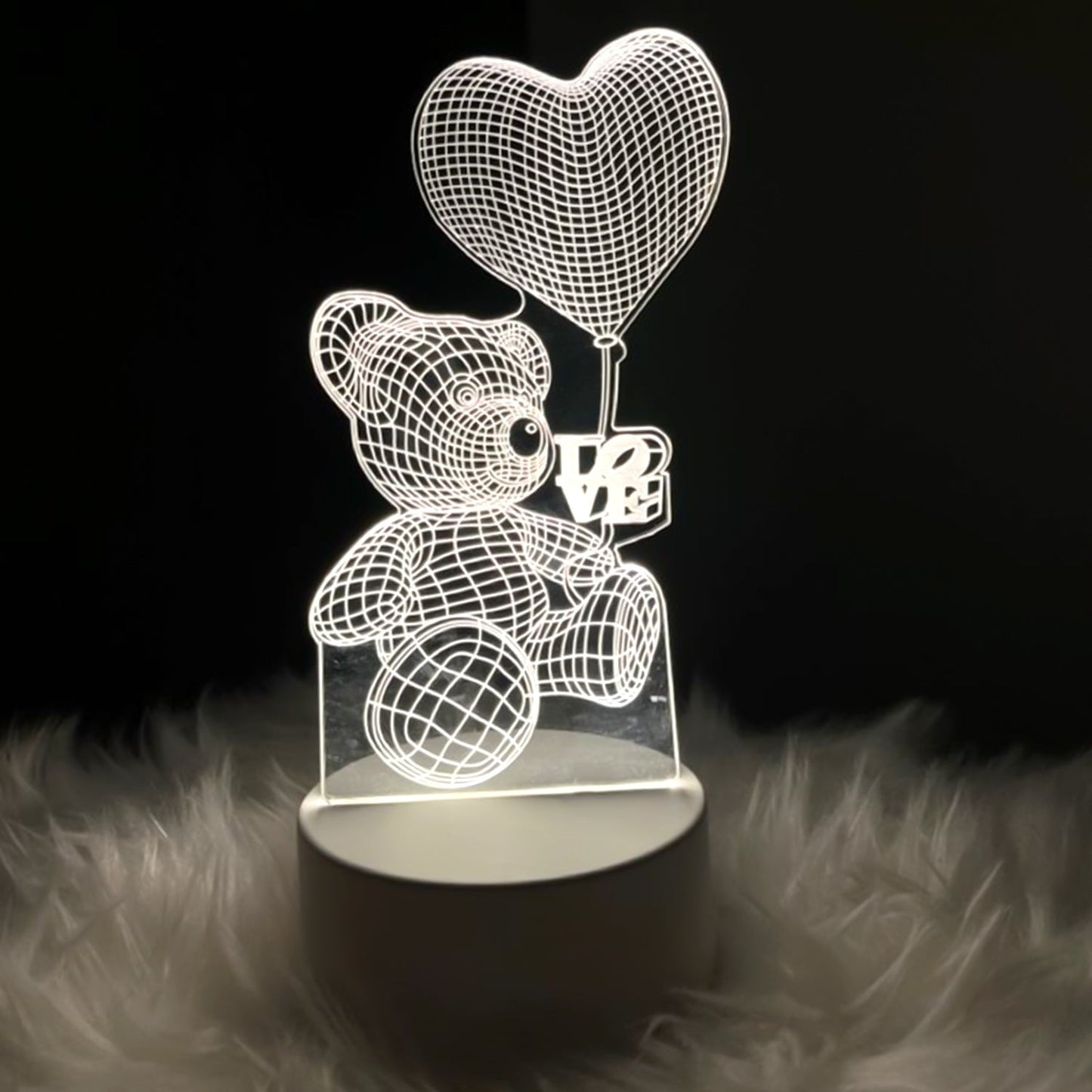 3D Illusion LED Night Lamp with Teddy Bear Holding Heart Design