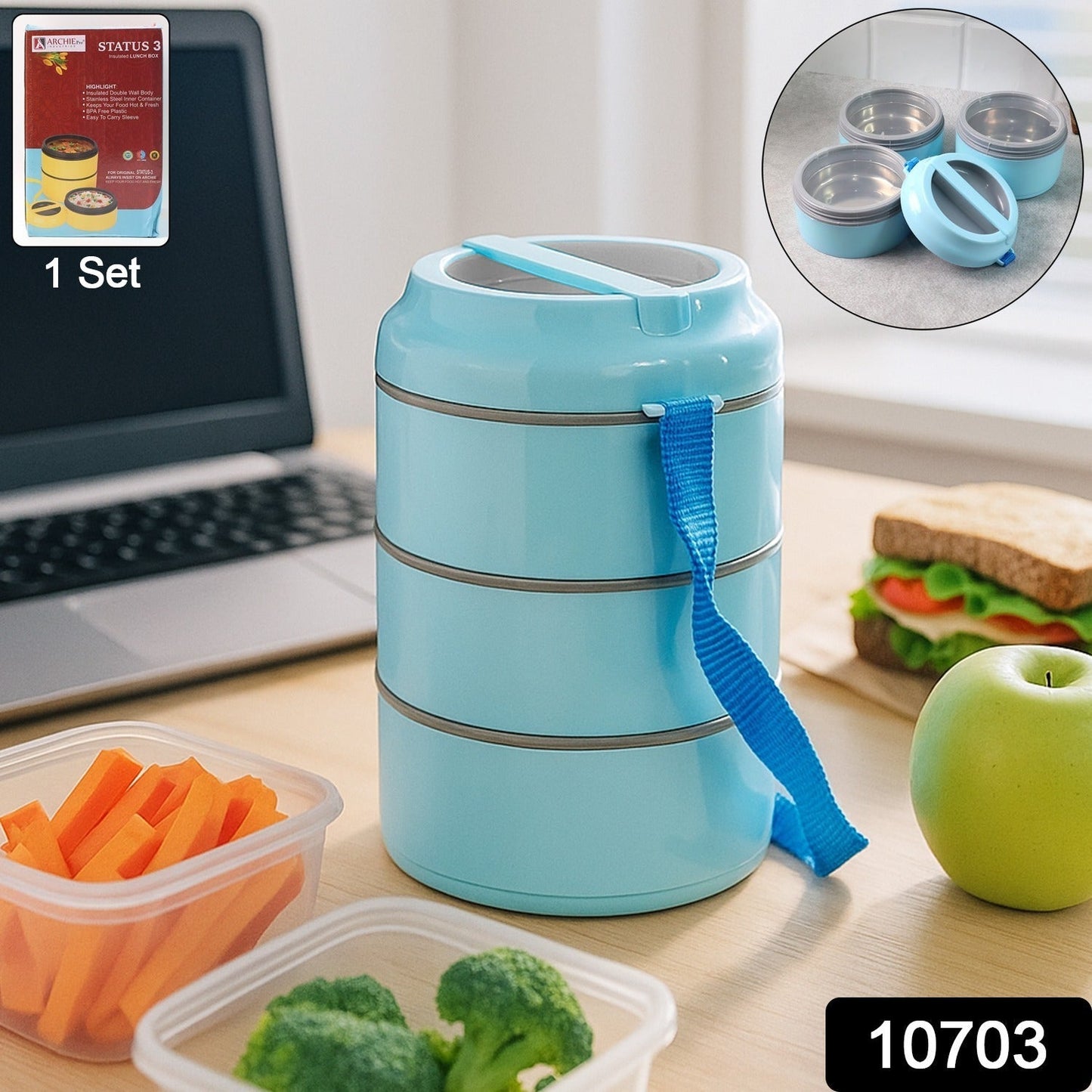 3 Layer Insulated Lunch Box Set with Handle & Strap - (Set)